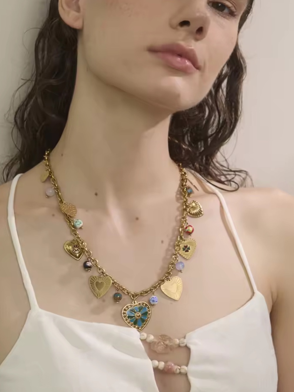 Mosaic Gold Heart Charm Necklace with Turquoise and Multicolor Beads - Picture 7 of 10